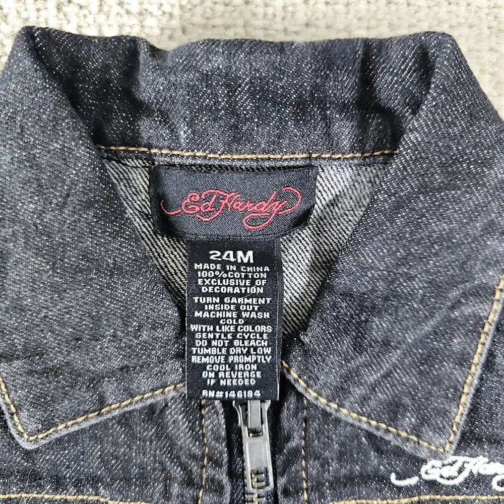Ed‎ Hardy Grunge Dog Skull Butterfly Black Denim Vest Boys Size 24 Months